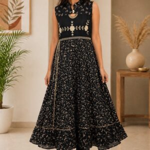Women’s Black Printed Anarkali Kurta with Gold Floral Design