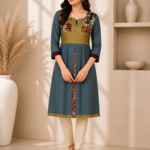 Women’s A-Line Kurti | Teal Blue Printed Kurta for Women | 3/4 Sleeve Ethnic Wear Kurti | Office Wear Casual Long Kurti