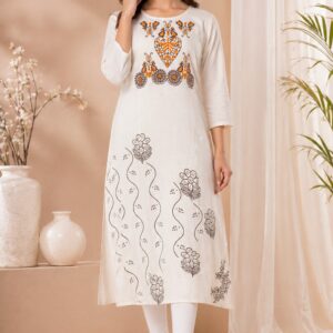 Women’s A-Line Kurti | Printed Ethnic Kurta for Women | 3/4 Sleeve Casual Office Wear Long Kurti