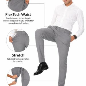 Men’s Slim Fit Formal Trousers | Stretchable FlexTech Waist Pants | Wrinkle Resistant Office Wear Pants for Men (Light Grey)