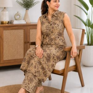 Women Printed Co-Ord Set | Sleeveless Shirt Style Kurta with Palazzo Pants | Casual Ethnic Wear for Women