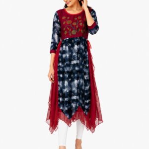 Women Embroidered Printed A-Line Kurti with Net Layered Design | 3/4 Sleeve Ethnic Kurta for Casual & Festive Wear