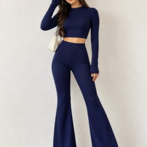 Women Navy Blue Ribbed Co-ord Set