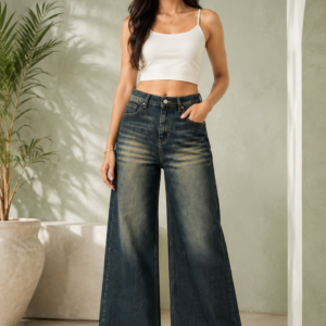 GREATECH Women’s Wide Leg Jeans | High Rise Relaxed Fit Denim Pants | Dark Green Full Length Casual Trousers