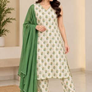 Women’s Cream Floral Printed Kurta Pant Set with Green Dupatta