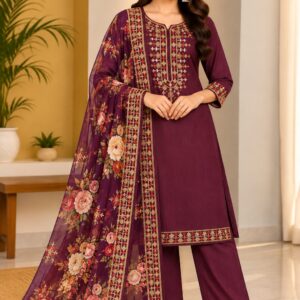 Women’s Plum Purple Embroidered Kurta Palazzo Set with Dupatta