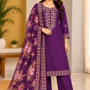 Women’s Royal Purple Embroidered Kurta Palazzo Set with Floral Dupatta