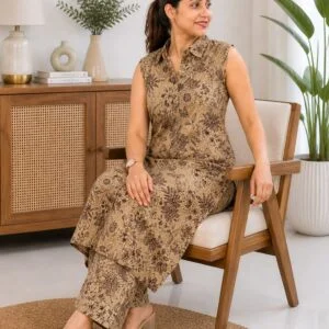 Women Printed Co-Ord Set | Sleeveless Shirt Style Kurta with Palazzo Pants | Casual Ethnic Wear for Women