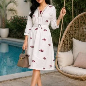 Women’s Printed A-Line Kurta Dress with Belt | Elegant Casual Midi Dress for Women Size
