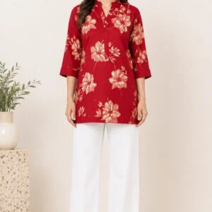 Women’s Red Floral Print Mandarin Collar Kurti | Elegant Ethnic Tunic for Daily & Office Wear