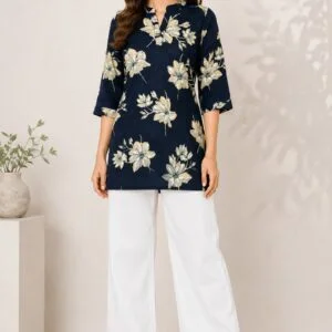 Women’s Navy Blue Floral Print Mandarin Collar Kurti | Sophisticated Ethnic Tunic for Office & Daily Wear