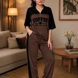Women’s Stylish 'COFFEE' Graphic Co-ord Set | Zip-Up Lounge Wear Top with Matching Straight-Fit Track Pants