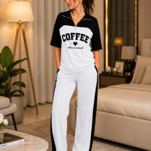 Women’s Stylish 'COFFEE' Graphic Co-ord Set | Crisp White & Black Half-Zip Loungewear | Comfortable Athleisure Two-Piece Set