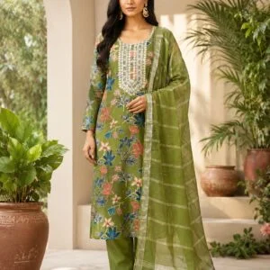 Women’s Floral Printed Straight Kurta Set with Dupatta | Olive Green Ethnic Suit Set for Festive & Party Wear | Comfortable Cotton Blend Kurti with Organza-Style Dupatta