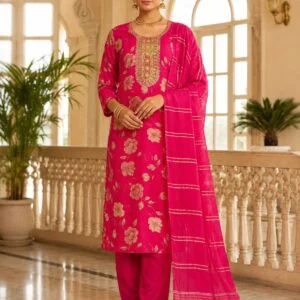 Women’s Fuchsia Pink Floral Embroidered Kurta Set with Dupatta