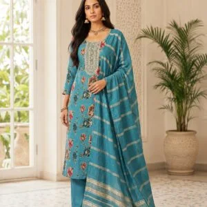 Women’s Teal Blue Floral Embroidered Kurta Set with Dupatta