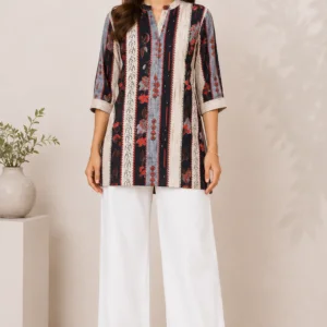 Women’s Floral Printed Mandarin Collar Kurti | Casual & Office Wear Ethnic Top | Comfortable 3/4 Sleeve Cotton Blend Straight Kurti for Women