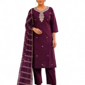 Women’s Deep Purple Embroidered Straight Kurta Set with Dupatta