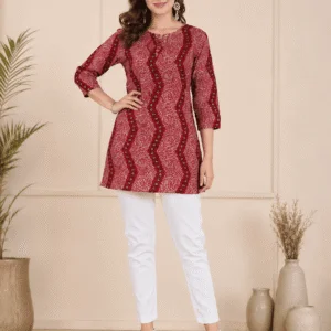 Women’s Red Ethnic Printed Short Kurti | Stylish Bandhani-Inspired Print Top with 3/4 Sleeves | Casual & Office Wear Ethnic Tunic for Women