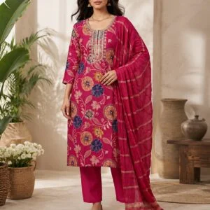 Women’s Deep Pink Floral Embroidered Kurta Set with Dupatta