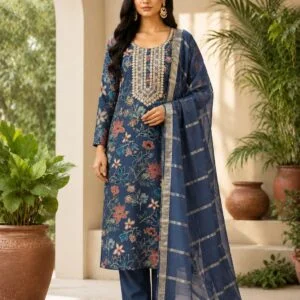 Women’s Navy Blue Floral Embroidered Kurta Set with Dupatta