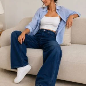 Women’s High-Waisted Relaxed Wide Leg Denim Jeans | Trendy Casual Streetwear for Girls | Durable All-Day Comfort Blue Denim Trousers