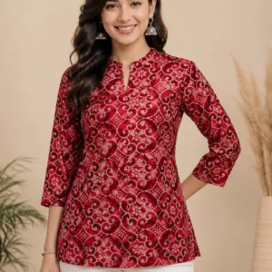 Women’s Red Ethnic Printed Short Kurti | Stylish Traditional-Inspired Patterned Tunic with Mandarin Collar | Comfortable 3/4 Sleeve Cotton Top for Casual & Office Wear