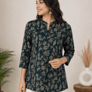 Women’s Elegant Floral Printed Short Kurti | Ethnic Mandarin Collar Top with 3/4 Sleeves | Stylish Cotton Casual Wear for Women