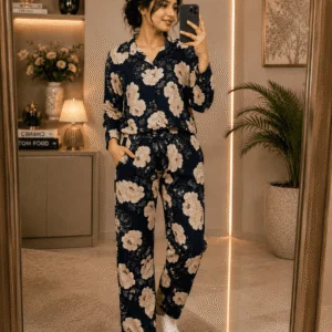 Women’s Floral Printed Loungewear Co-ord Set | Stylish Button-Down Shirt & Matching Trousers | Elegant Botanical Print Comfort Set for Daily Wear