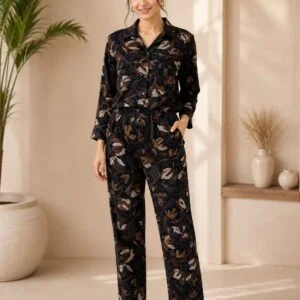 Women’s Printed Co-ord Set | Stylish Button-Down Shirt & Matching Trousers | Sophisticated Earth-Toned Botanical Print Loungewear