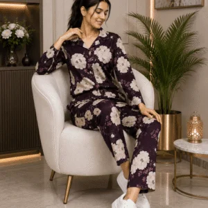 Women’s Floral Printed Loungewear Co-ord Set | Stylish Button-Down Shirt & Matching Trousers | Elegant Botanical Print Comfort Set for Daily Wear