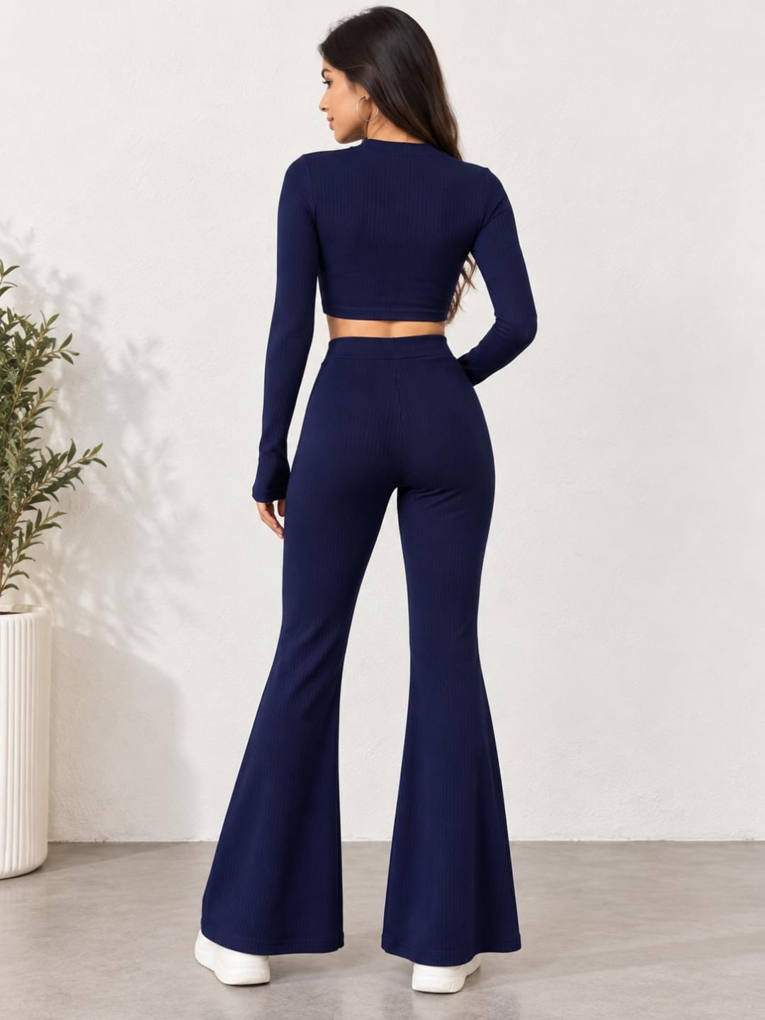 Women Navy Blue Ribbed Co-ord Set