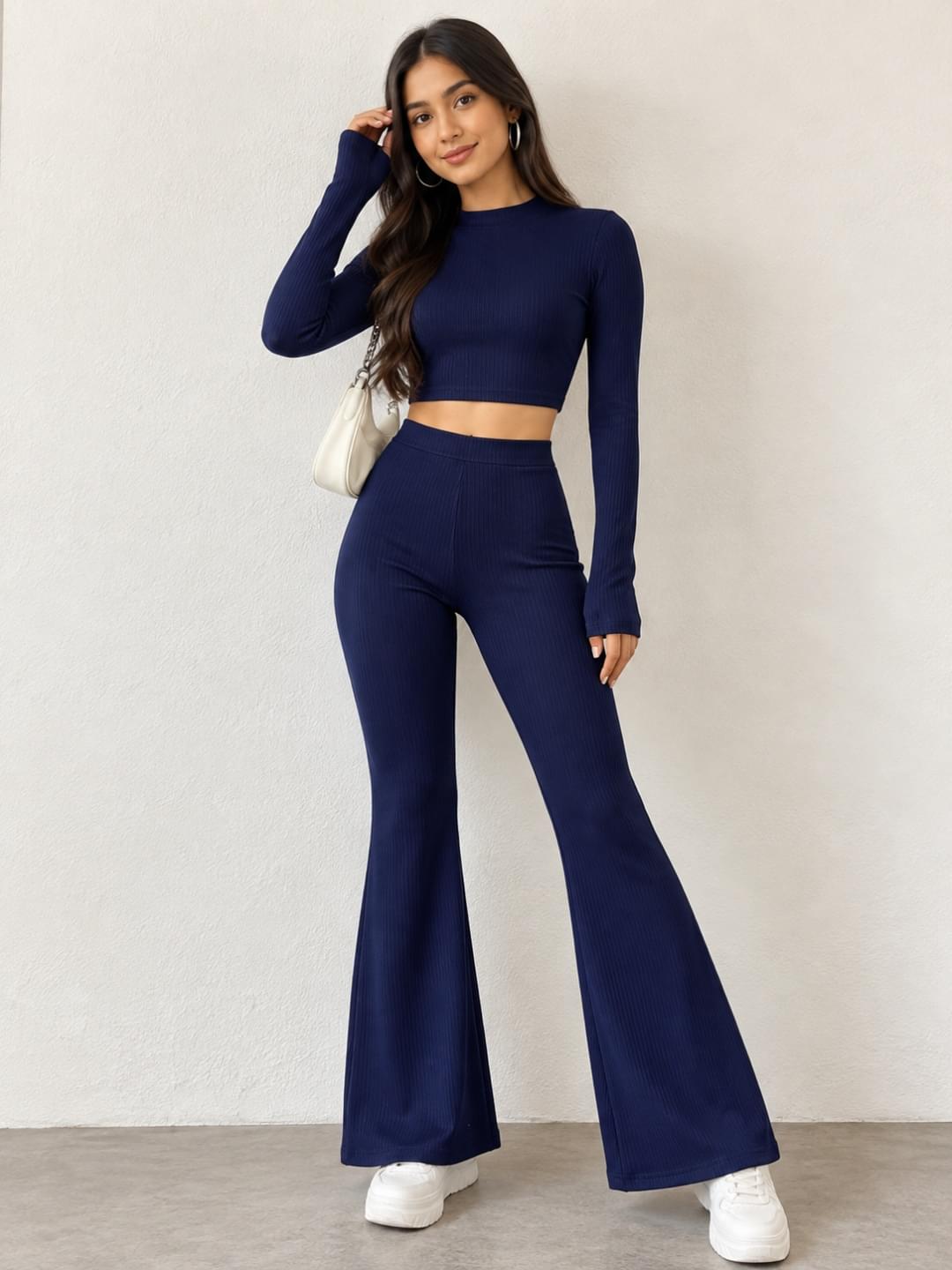 Women Navy Blue Ribbed Co-ord Set