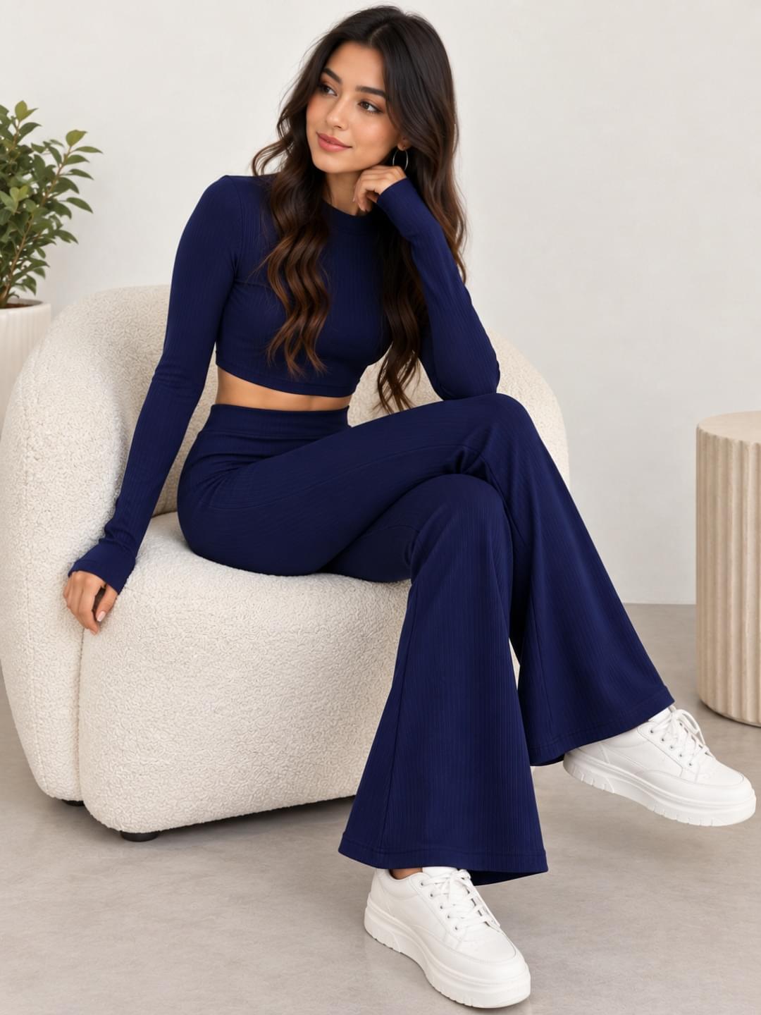 Women Navy Blue Ribbed Co-ord Set